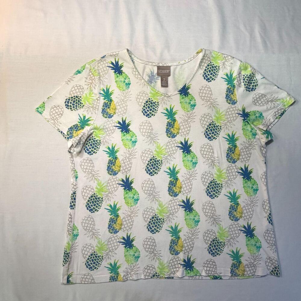Tropical Coastal Beachy Resort Vacation Chico's Size 2 (L/XL) Pineapple Print